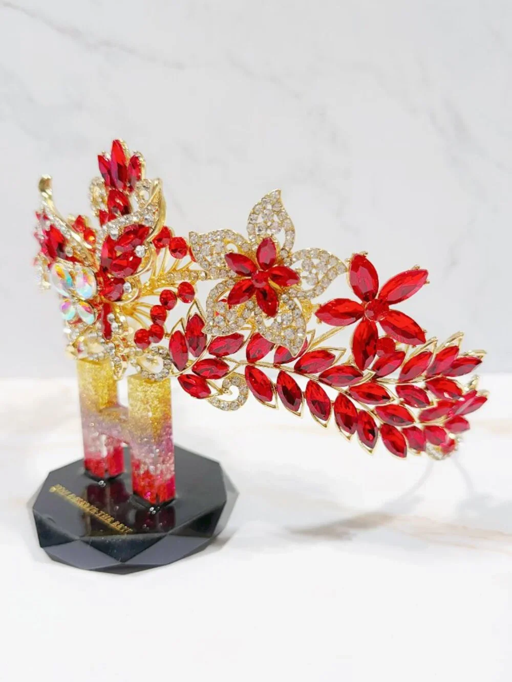 Red Crystal Butterfly Tiara Crown Gold Tone Pageant Prom Wedding Headpiece